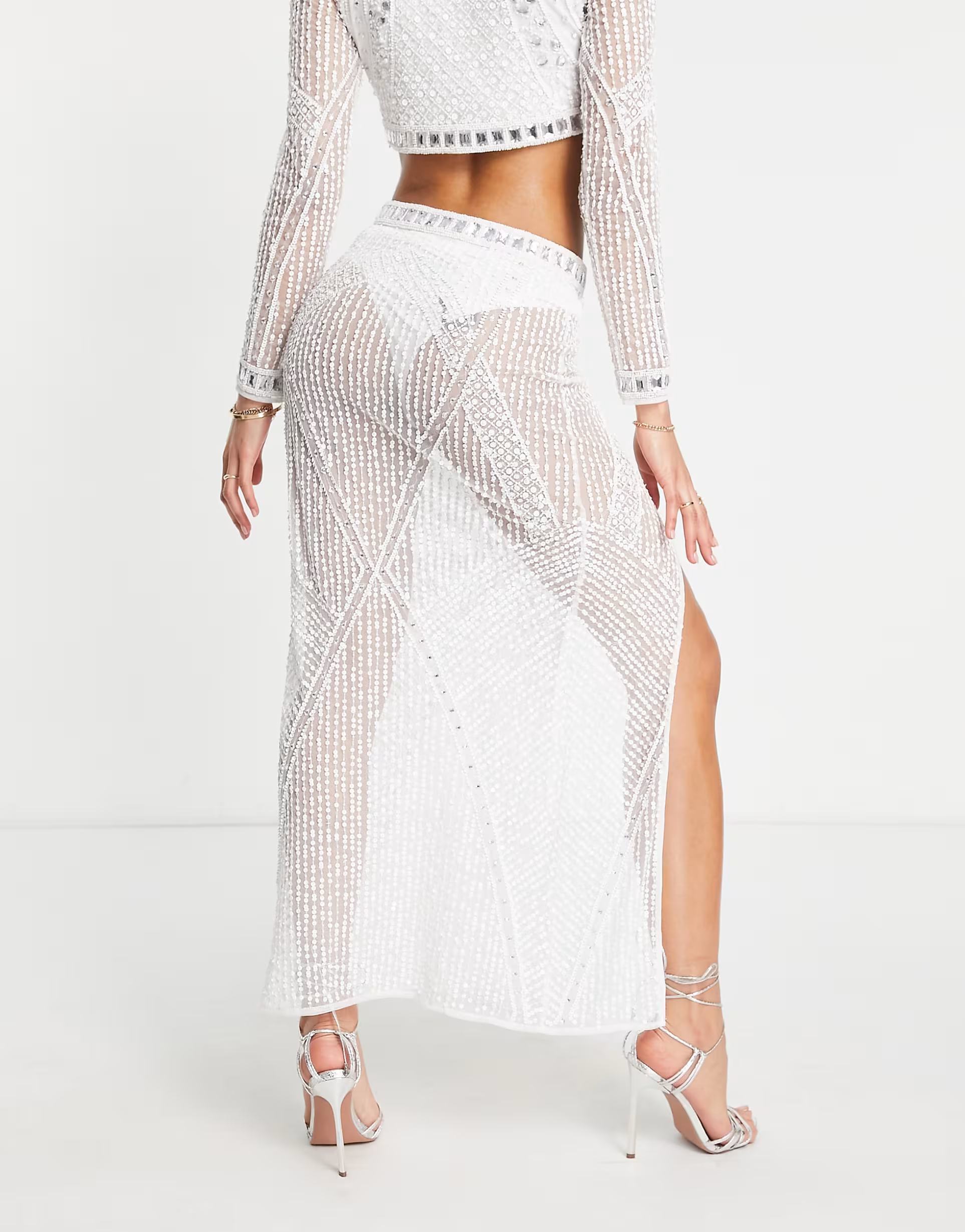 Starlet Womens Embellished Thigh Split Midaxi Skirt Co-Ord In White