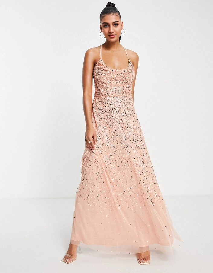 Starlet Womens Cowl Neck Sequin Maxi Dress in Peach