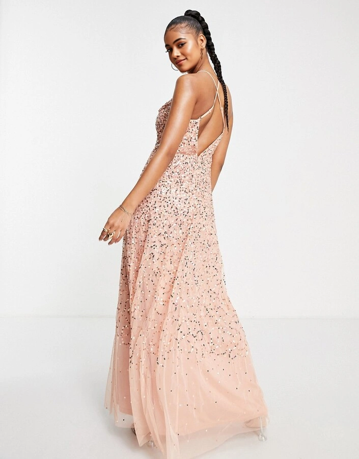 Starlet Womens Cowl Neck Sequin Maxi Dress in Peach