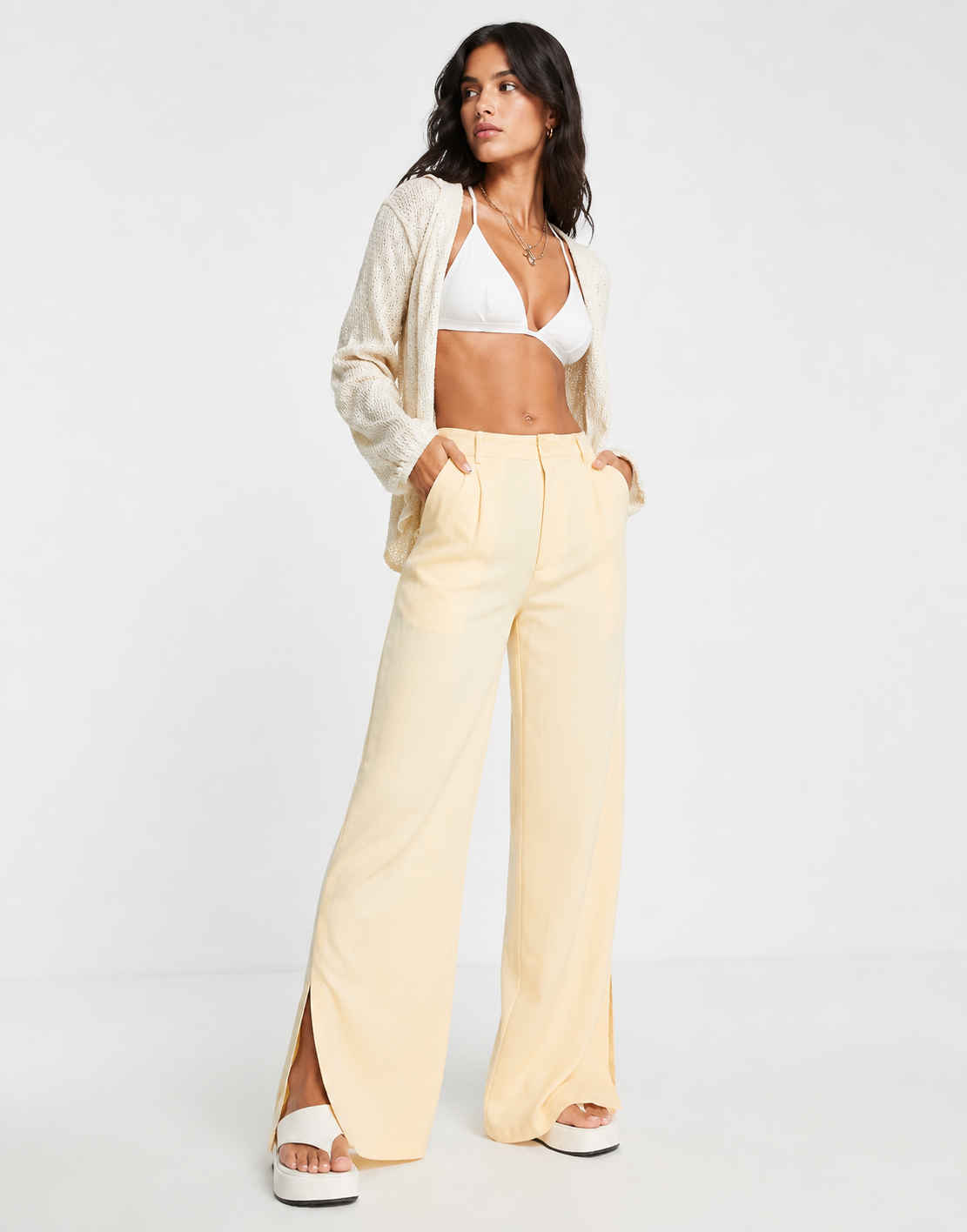 Neon Rose Womens High Waisted Wide Leg Tailored Trousers in Lemon