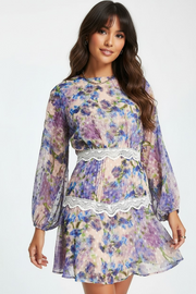 Hope & Ivy Womens Tomasina Print Mini Dress With Long Sleeves in Lilac