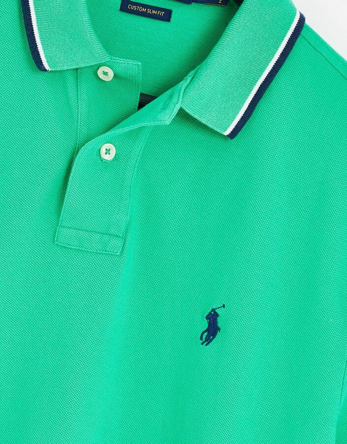 Mens Polo Ralph Lauren Icon Logo Tipped Slim Fit Pique Polo in Mid Green