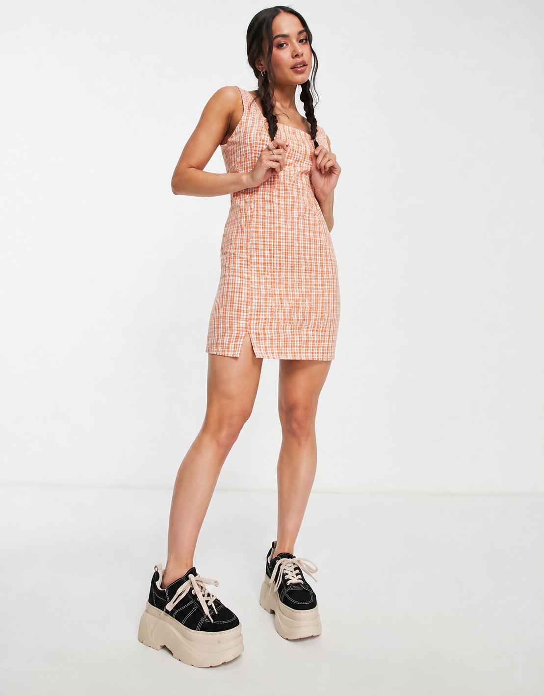 Heartbreak Womens Mini Dress in Peach Gingham