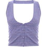 Heartbreak Womens Tall Halter Neck Cropped Waistcoat Co-Ord in Purple Check