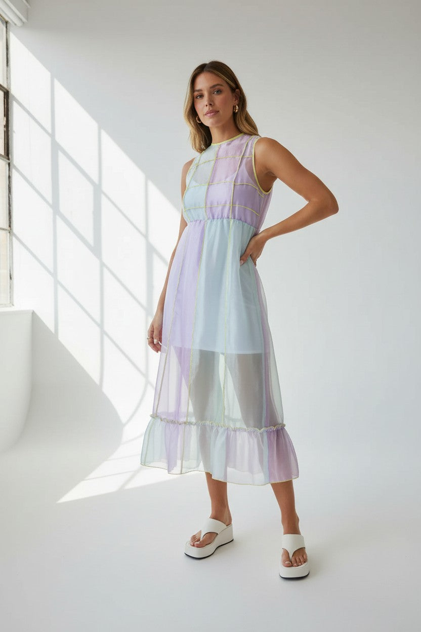 Annorlunda Womens Colour Block Tulle Dress in Blue And Lilac