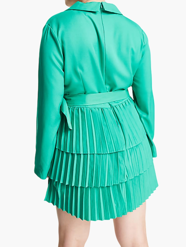 in The Style Plus Womens Plunge Front Blazer Dress With Pleated Skirt in Green