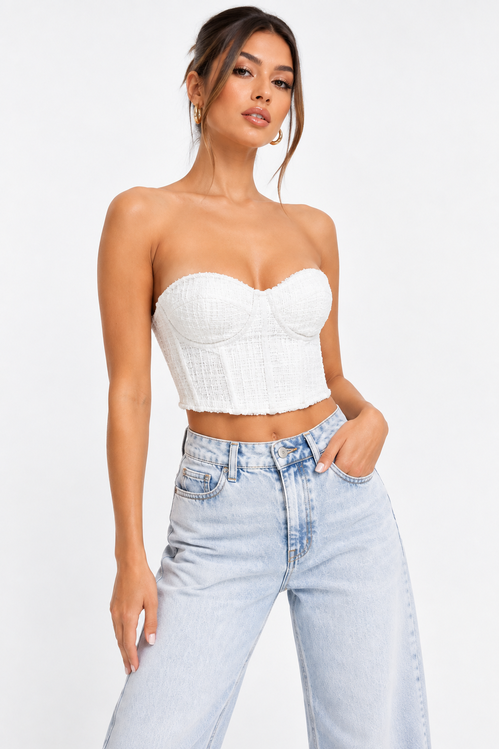 UNIQUE21 Womens Tweed Corset Crop Top In White
