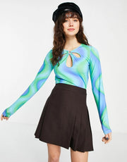 Womens Bershka Retro Tie-Dye Cut Out Crop Top in Aqua