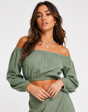 Iisla & Bird Womens Beach Balloon Cold Shoulder Top in Khaki