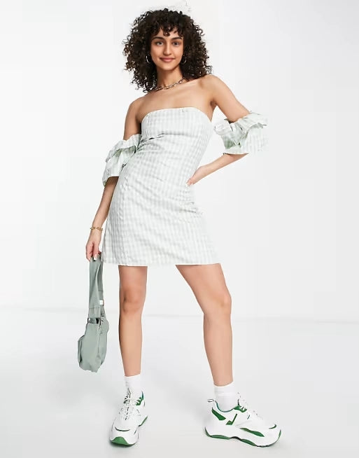 Missguided Womens Frill Sleeve A Line Dress in Gingham in Mint In Green
