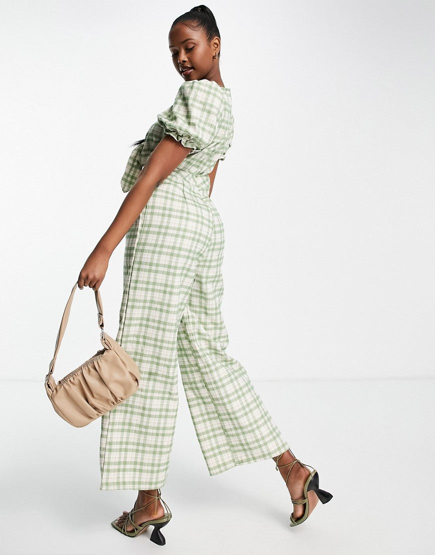 Missguided Womens Check Tie Front Jumpsuit In Green