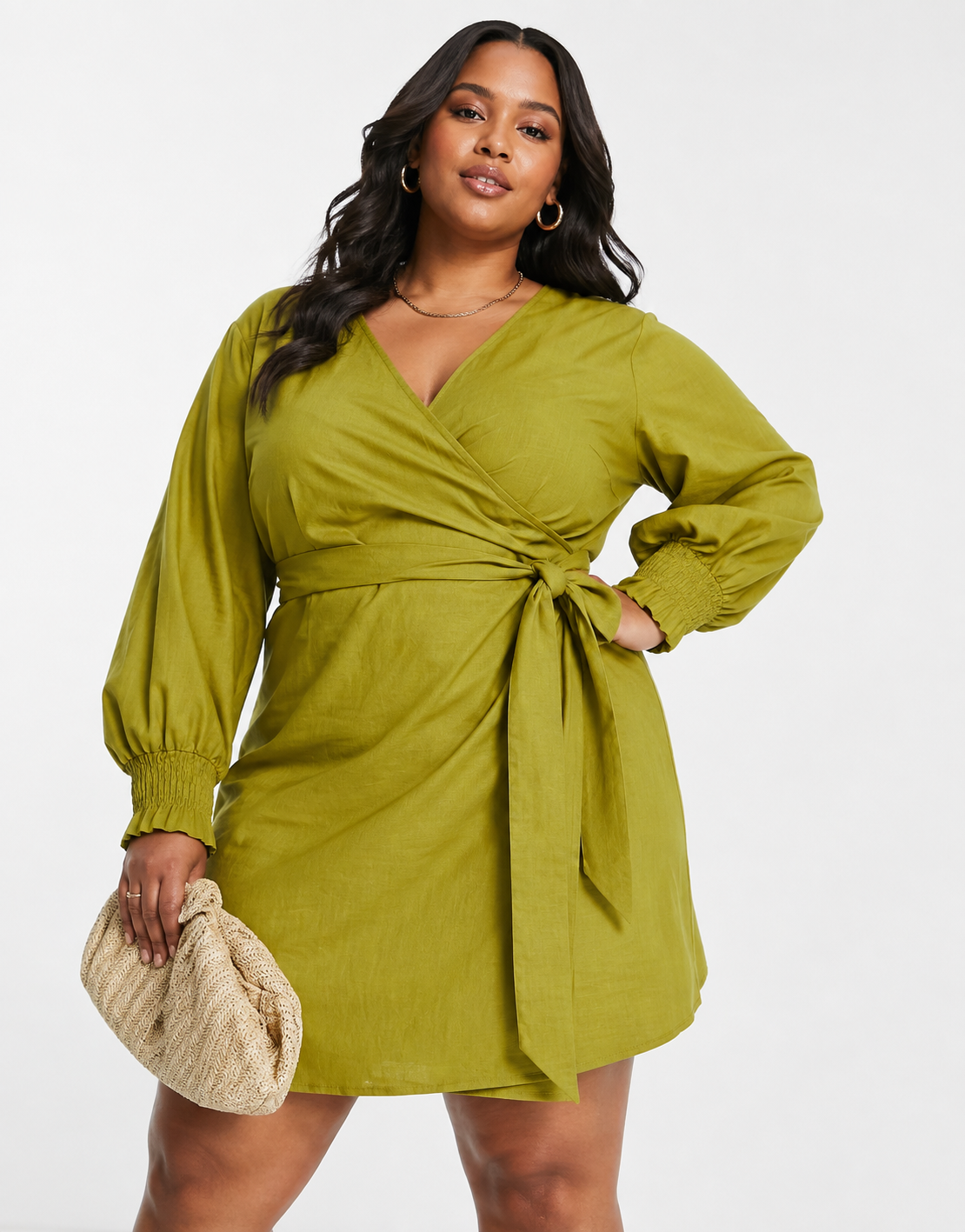 Never Fully Dressed Plus Womens Balloon Sleeve Shirt Mini Dress in Olive Green