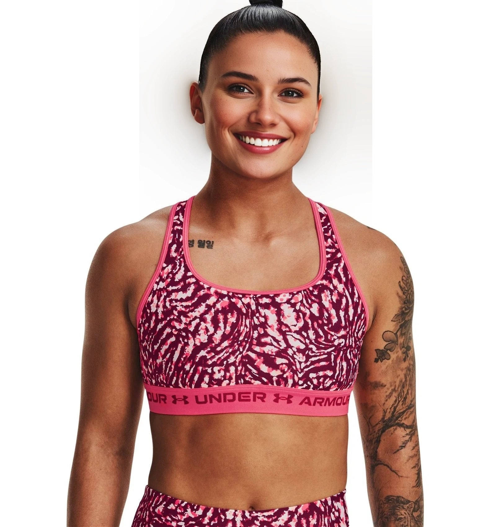 Under Armour Womens Training Mid Support Crossback Sports Bra in Pink Print