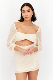 In The Style Petite Womens Sequin Cut Out Mini Dress in Ecru