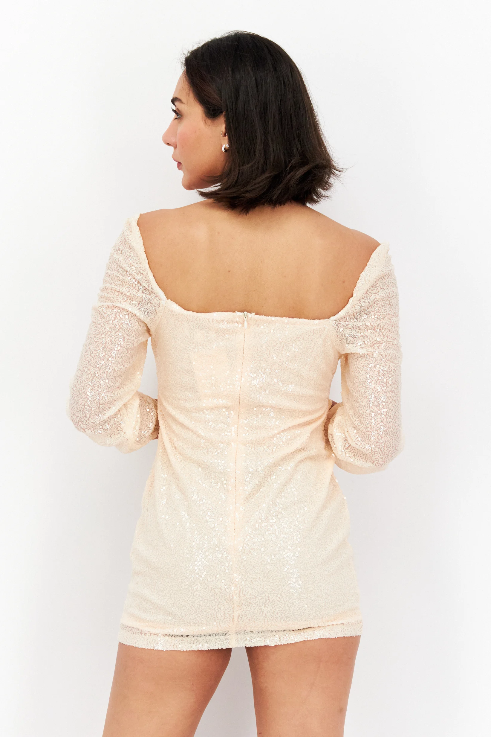 In The Style Petite Womens Sequin Cut Out Mini Dress in Ecru