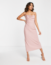 In The Style Petite Womens Satin Cowl Neck Midi Dress in Blush Pink