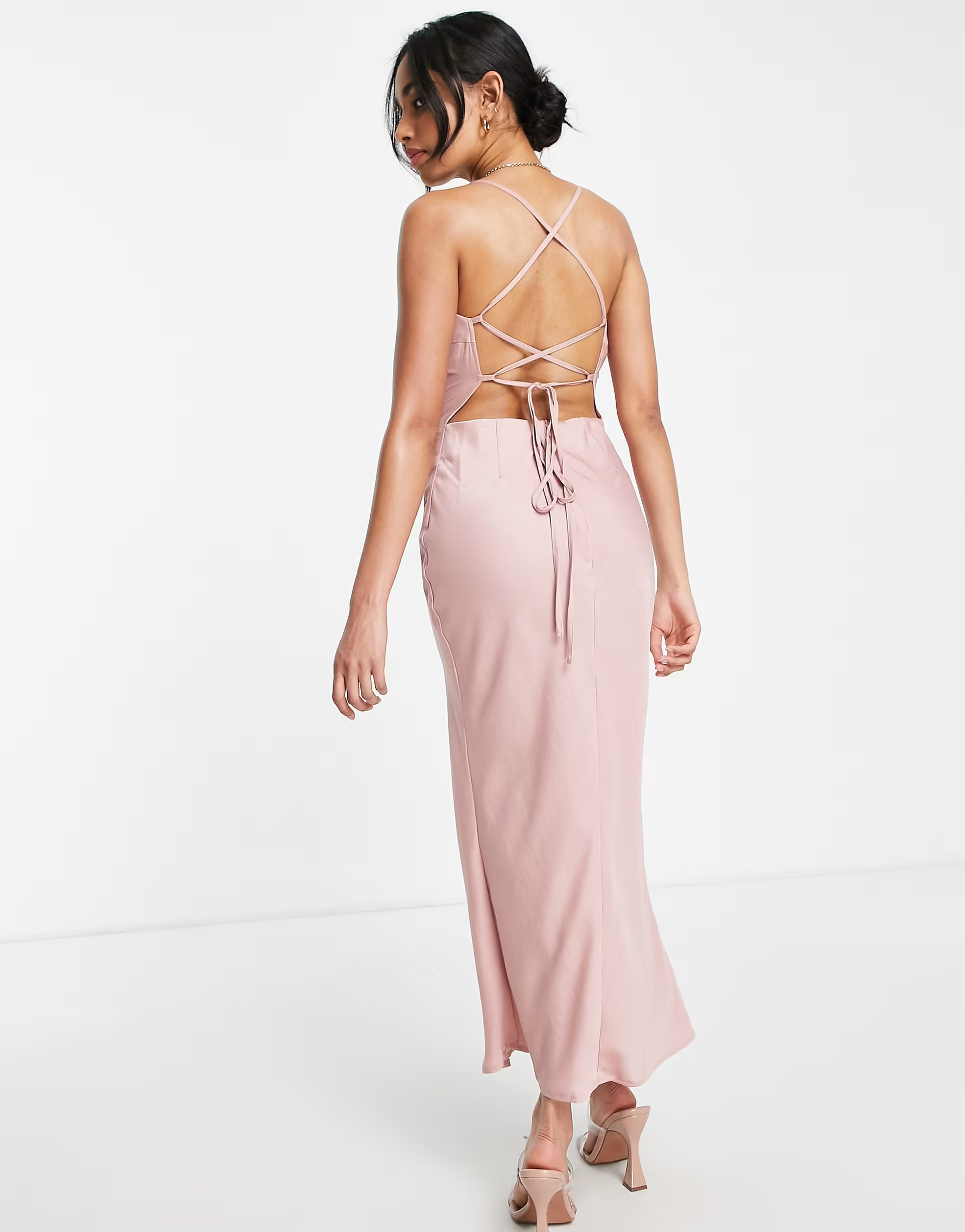 In The Style Petite Womens Satin Cowl Neck Midi Dress in Blush Pink