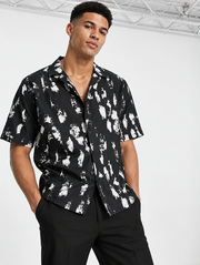 Twisted Tailor Mens Fiske Revere Collar Shirt in Black & White Print