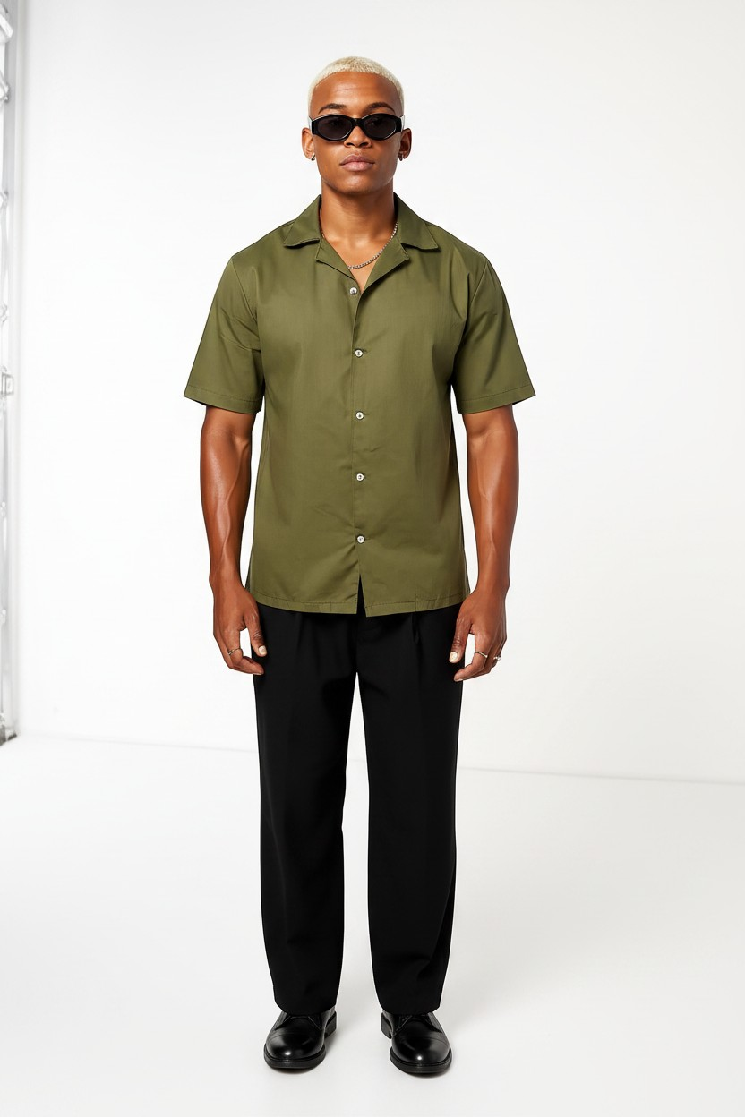 Bando Mens Short Sleeve Revere Collar Shirt in Khaki