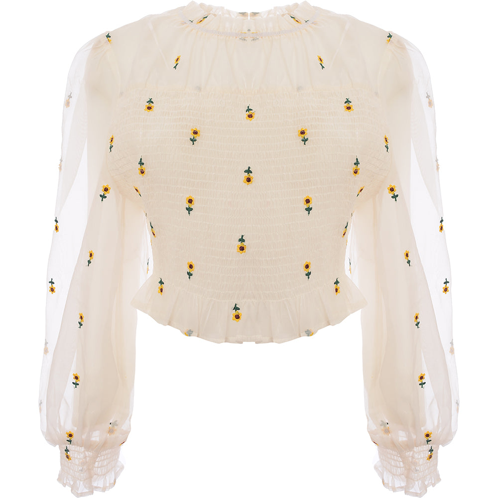 Labelrail x Collyer Twins Womens White Shirred Cropped Blouse with Sunflower Embroidery