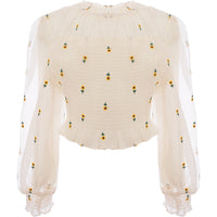 Labelrail x Collyer Twins Womens White Shirred Cropped Blouse with Sunflower Embroidery