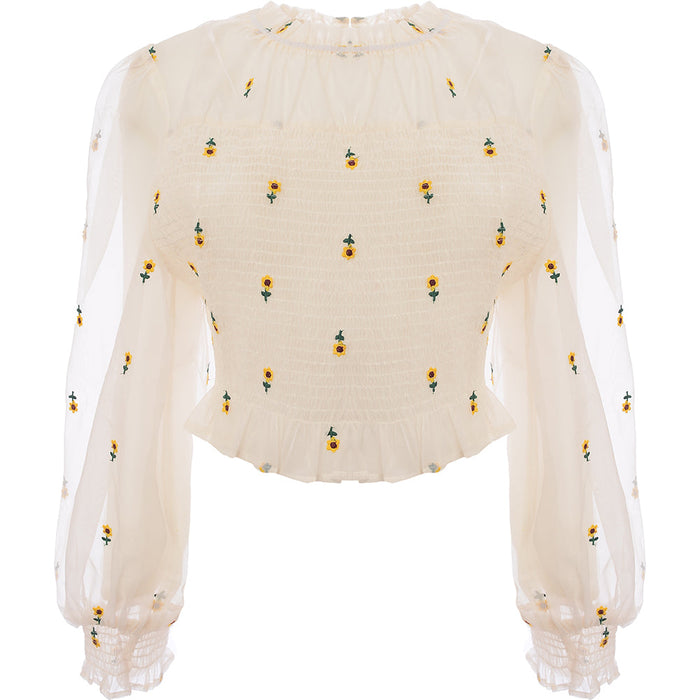 Labelrail x Collyer Twins Womens White Shirred Cropped Blouse with Sunflower Embroidery