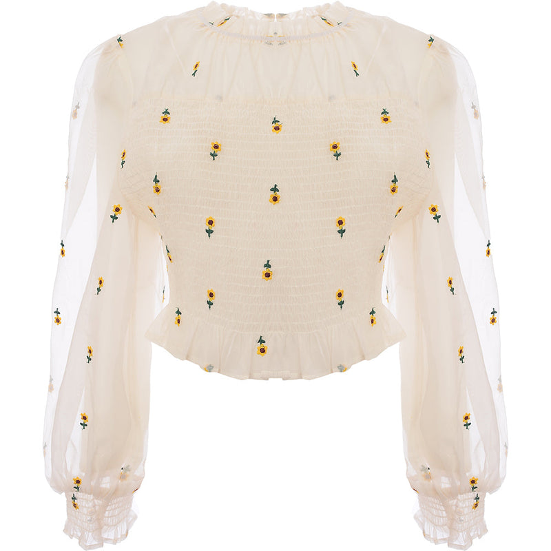 Labelrail x Collyer Twins Womens White Shirred Cropped Blouse with Sunflower Embroidery