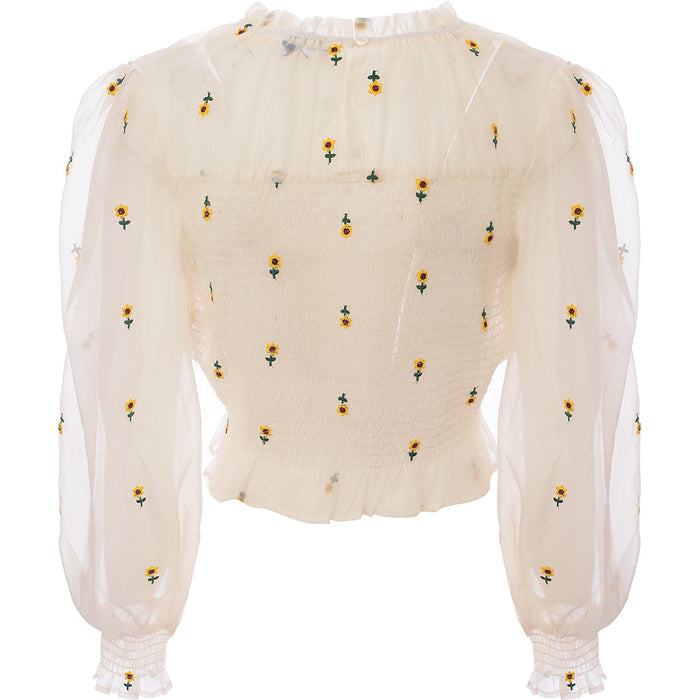 Labelrail x Collyer Twins Womens White Shirred Cropped Blouse with Sunflower Embroidery