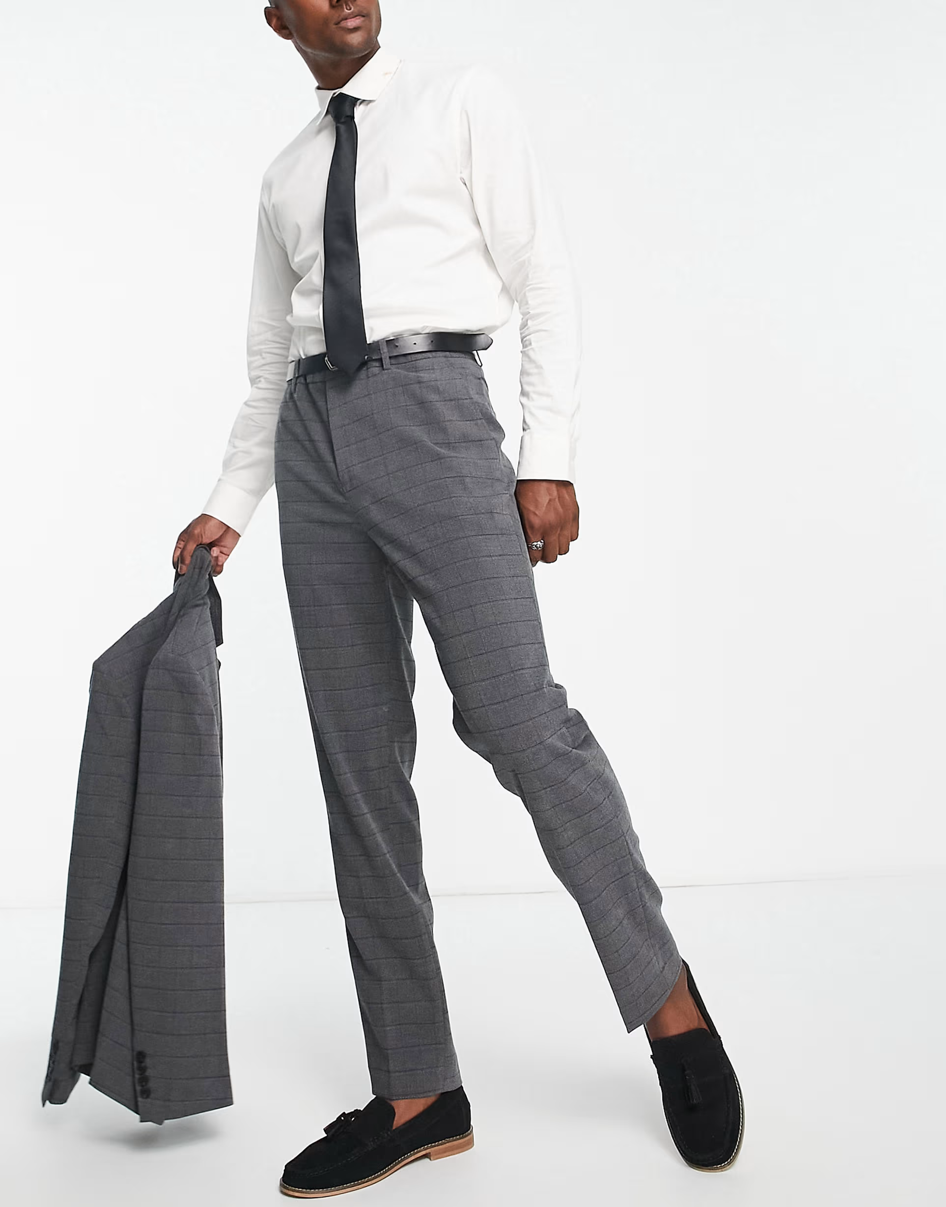 Bando Mens Slim Fit Suit Trousers in Grey Check