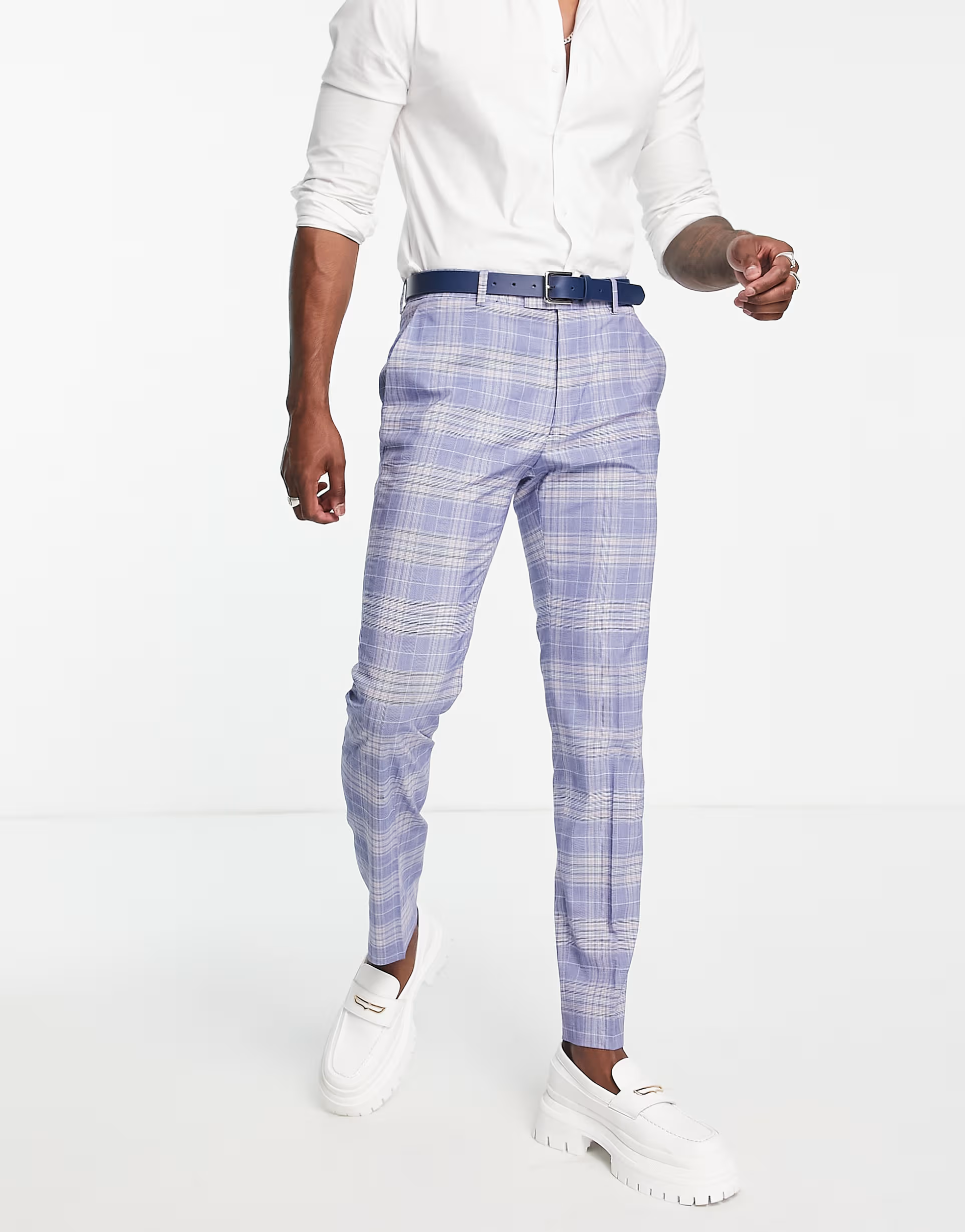 Bando Mens Slim Suit Trousers in Navy Check In Navy