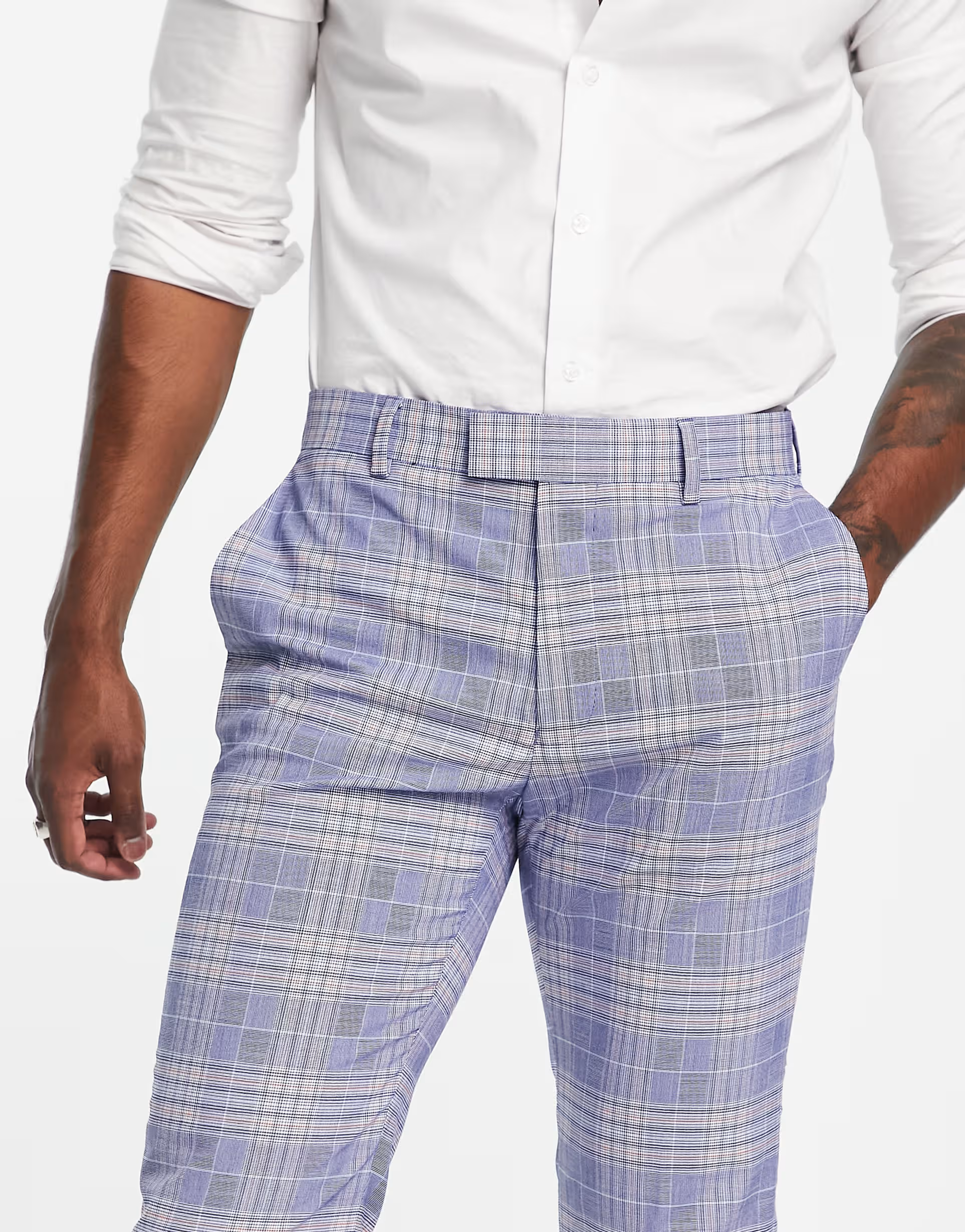 Bando Mens Slim Suit Trousers in Navy Check In Navy