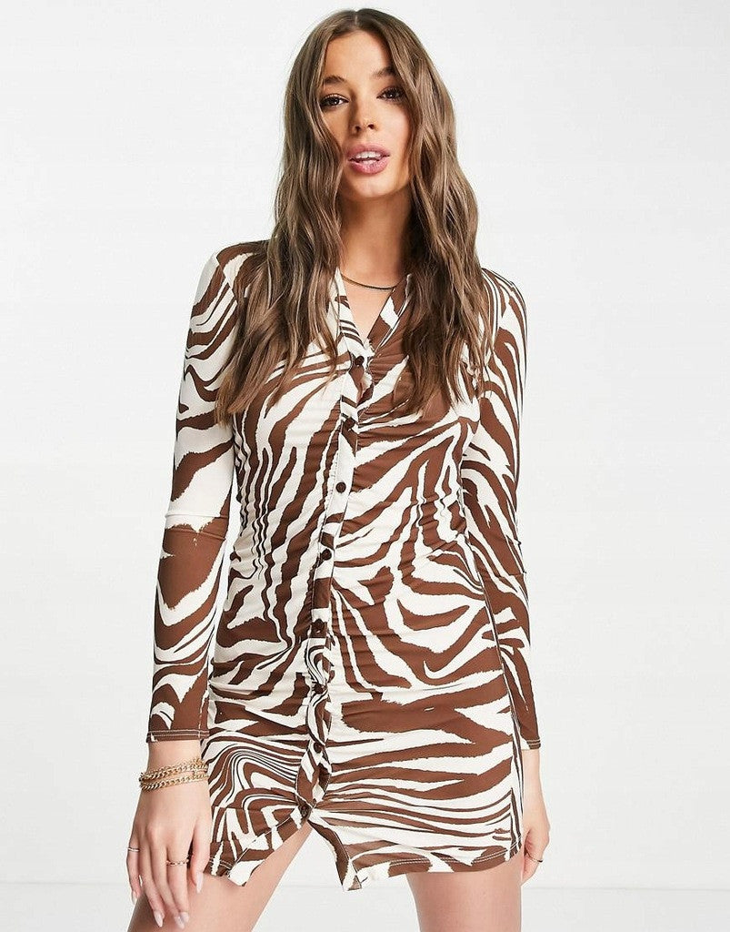 New Look Womens Ruched Front Collared Dress In Brown