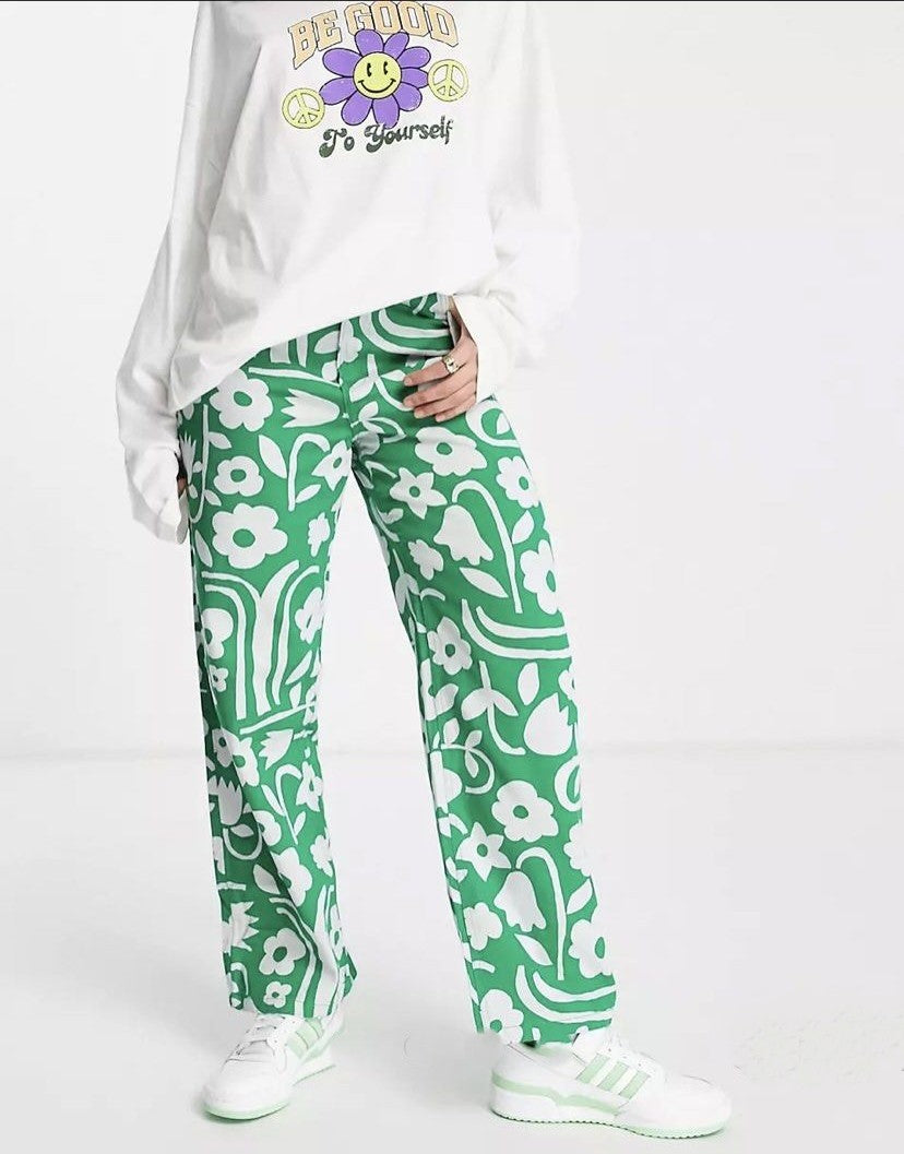 Monki Womens Wide Leg Trousers in Green Flower In Multi