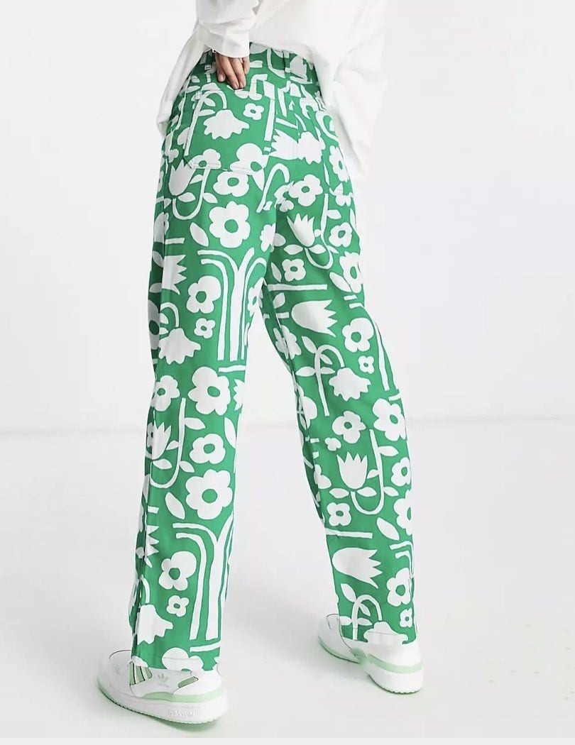 Monki Womens Wide Leg Trousers in Green Flower In Multi