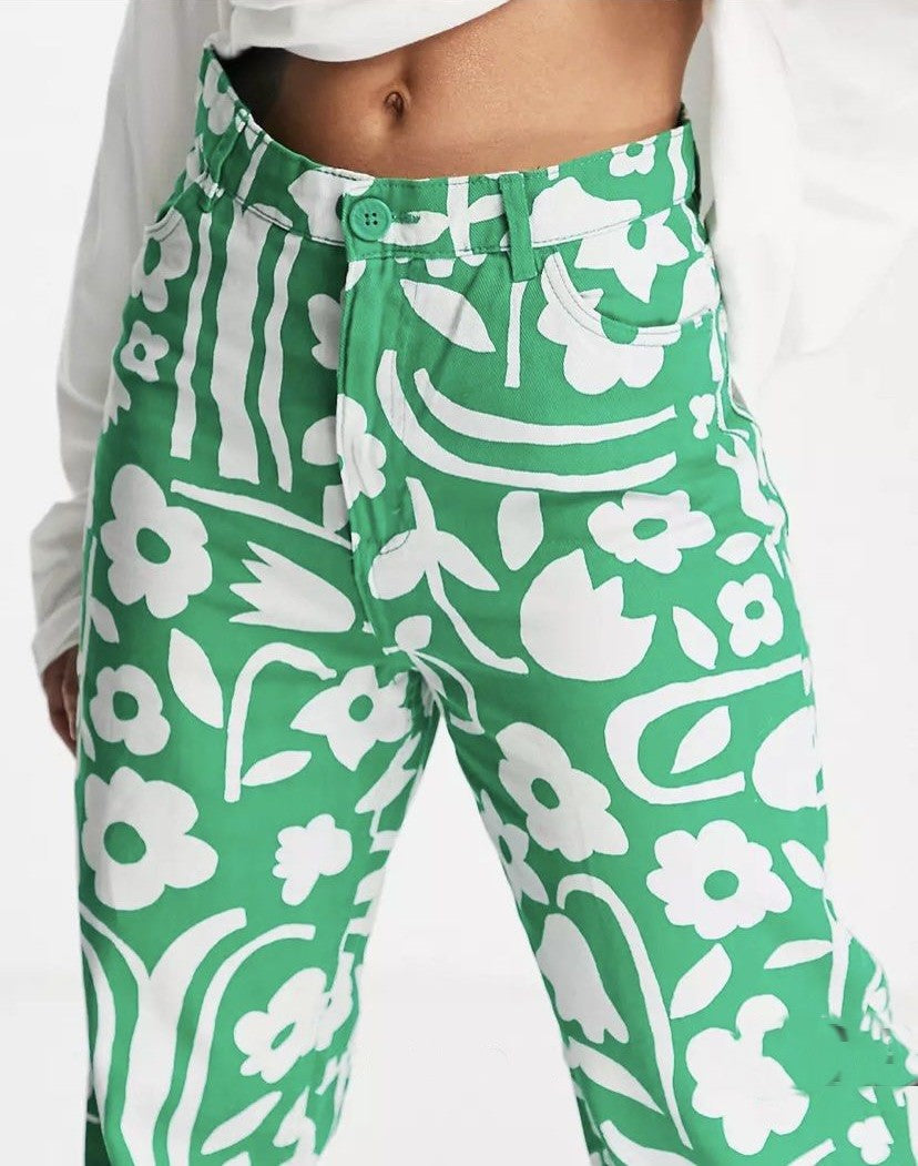 Monki Womens Wide Leg Trousers in Green Flower In Multi
