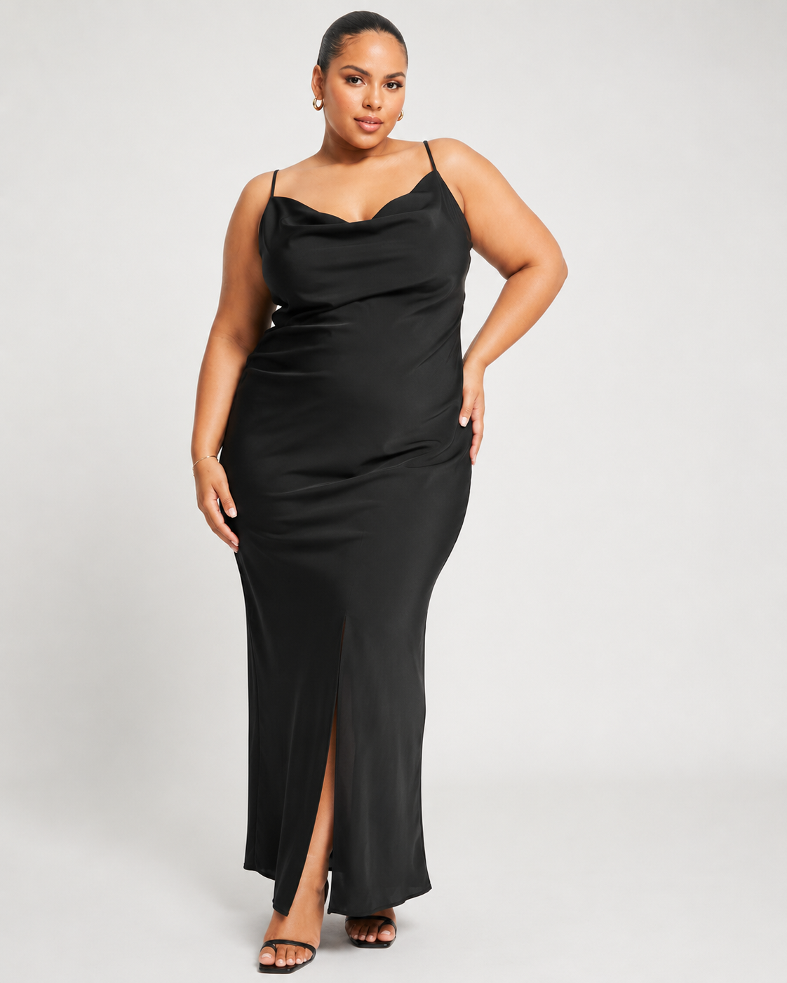Naanaa Plus Womens Cowl Neck Satin Maxi Dress In Black