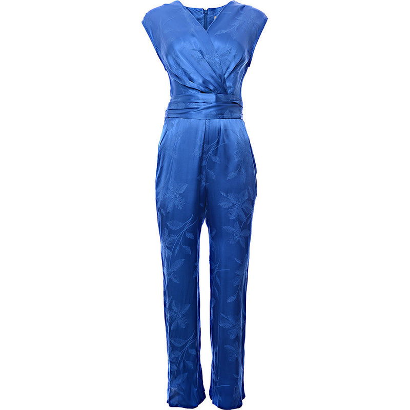 Closet London Womens Wrap Front Satin Jacquard Jumpsuit in Cobalt Floral