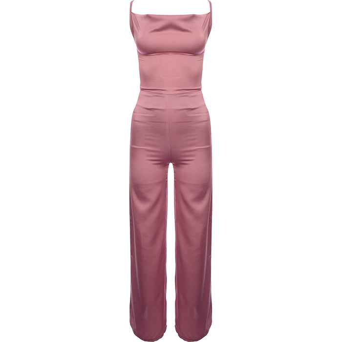 Rebellious Fashion Women's Pink Satin Cowl Neck Jumpsuit