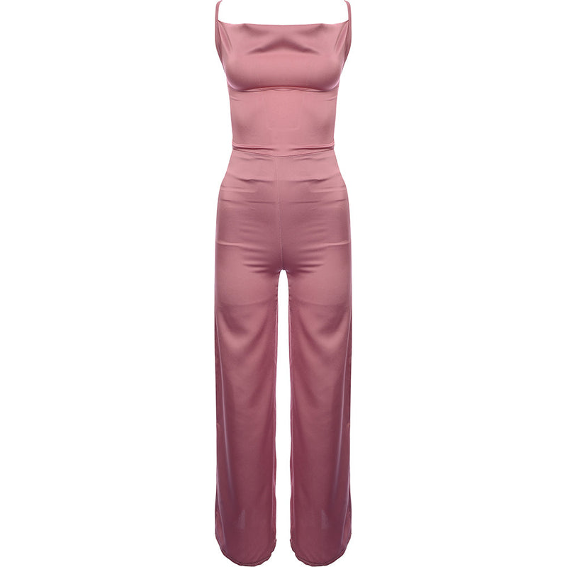 Rebellious Fashion Women's Pink Satin Cowl Neck Jumpsuit