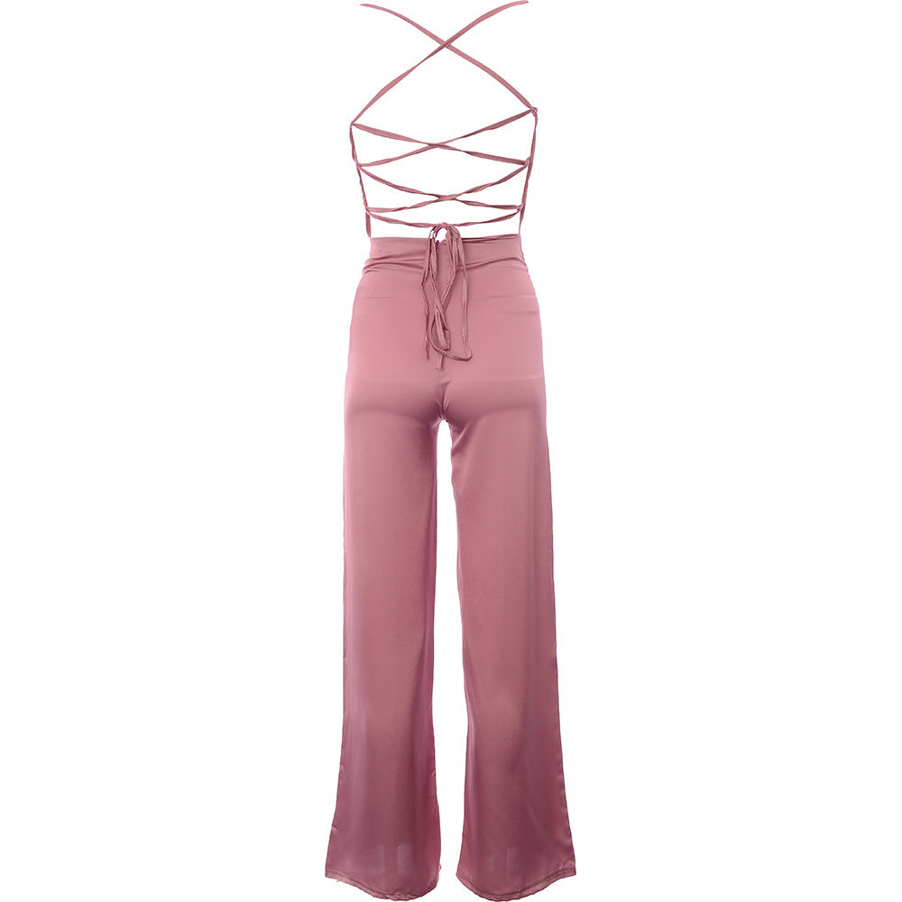 Rebellious Fashion Women's Pink Satin Cowl Neck Jumpsuit