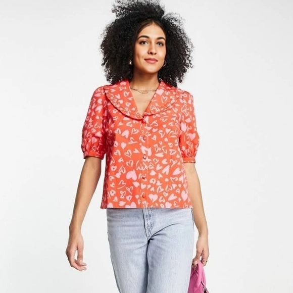 Nobody's Child Womens Oversized Collar Blouse In Pink Heart Print