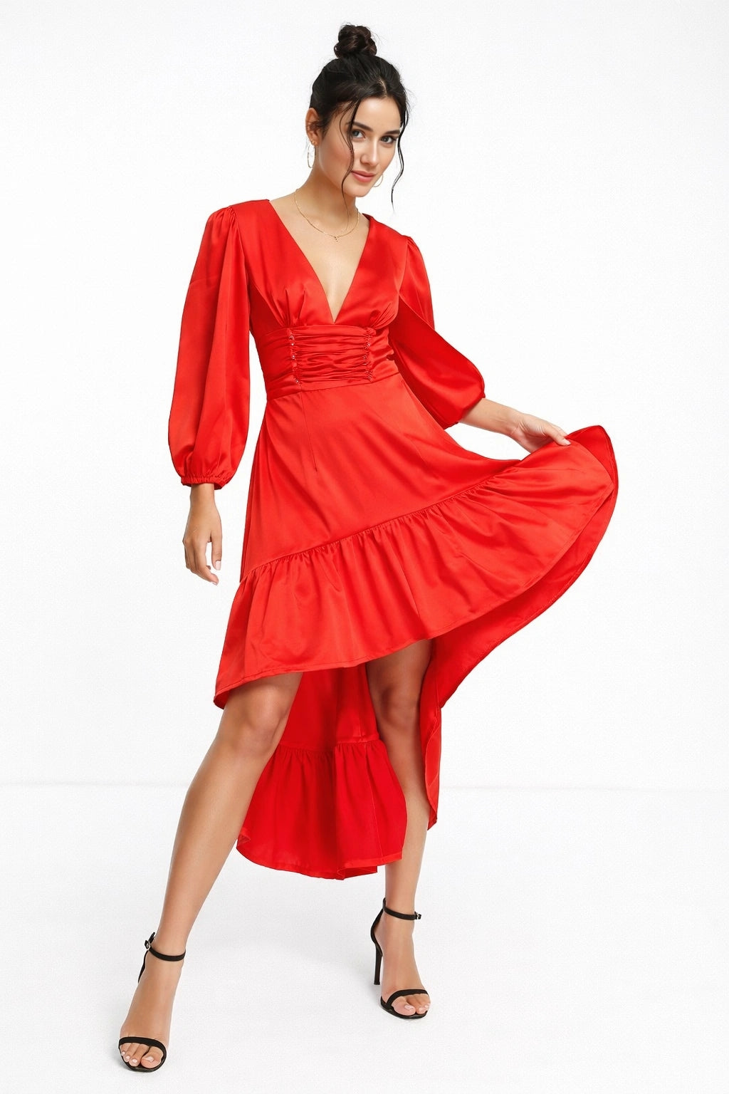 Collective The Label Womens Petite Volume Sleeve High Low Midaxi Dress In Red