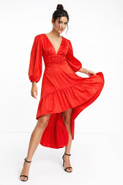 Collective The Label Womens Petite Volume Sleeve High Low Midaxi Dress In Red