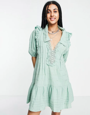 Free People Womens Elora Mini Dress in Green Check