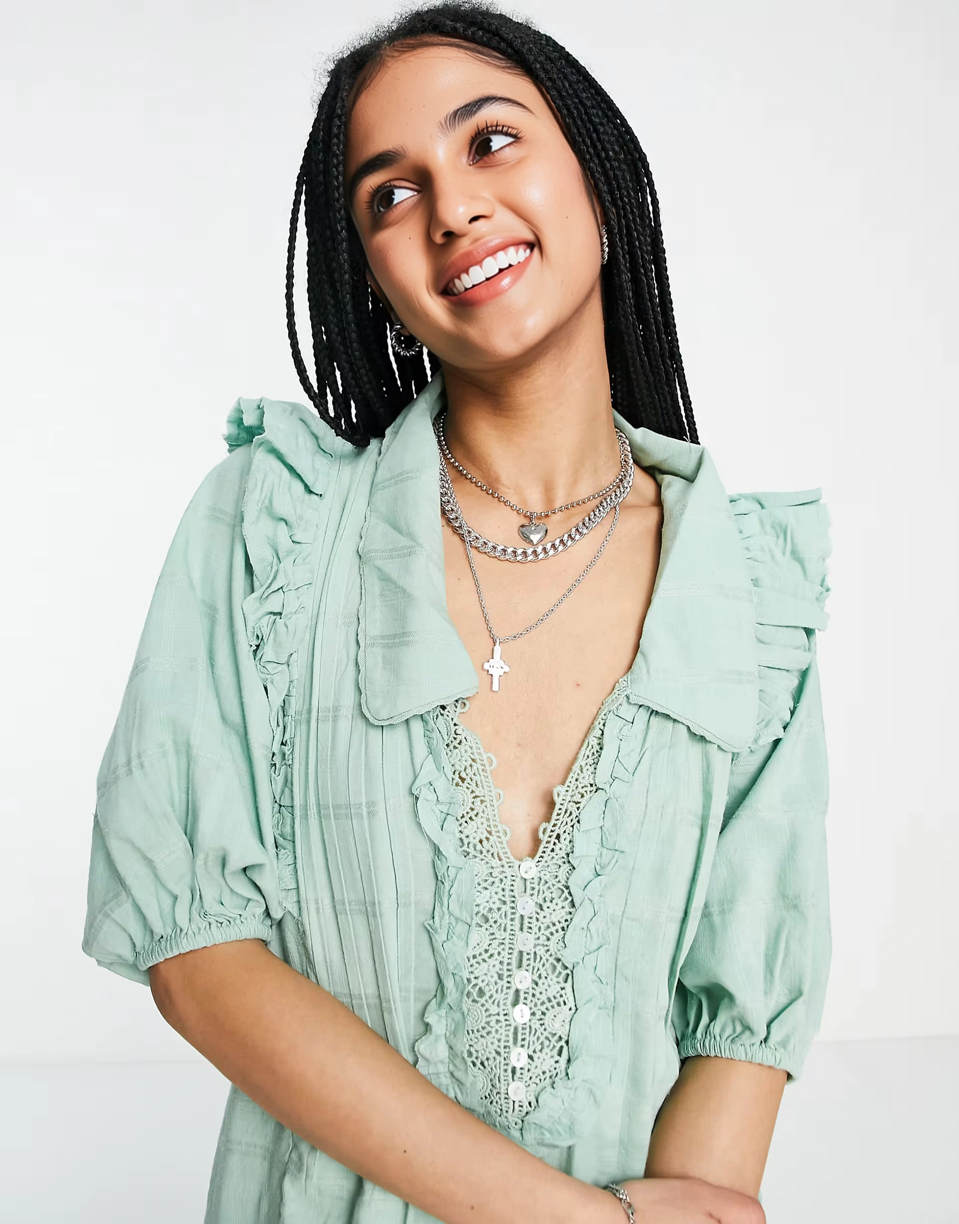 Free People Womens Elora Mini Dress in Green Check