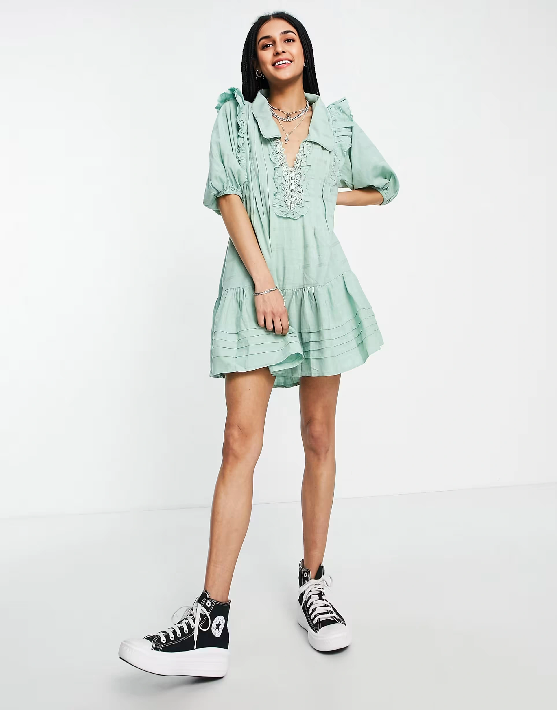 Free People Womens Elora Mini Dress in Green Check