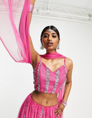 Maya Womens Linear Embellished Lehenga Crop Top In Pink