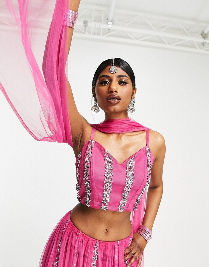 Maya Womens Linear Embellished Lehenga Crop Top In Pink