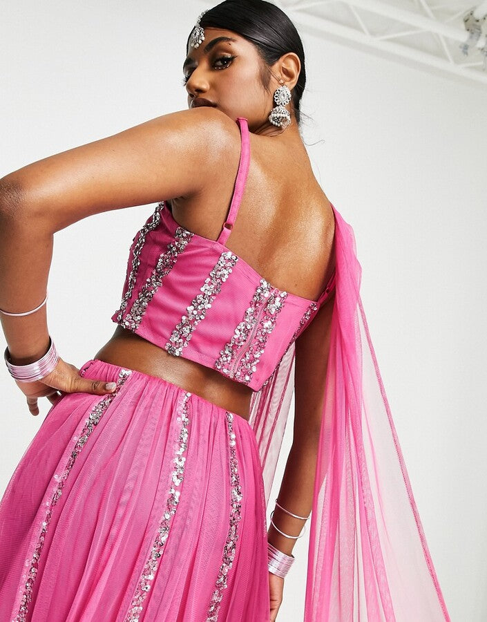 Maya Womens Linear Embellished Lehenga Crop Top In Pink