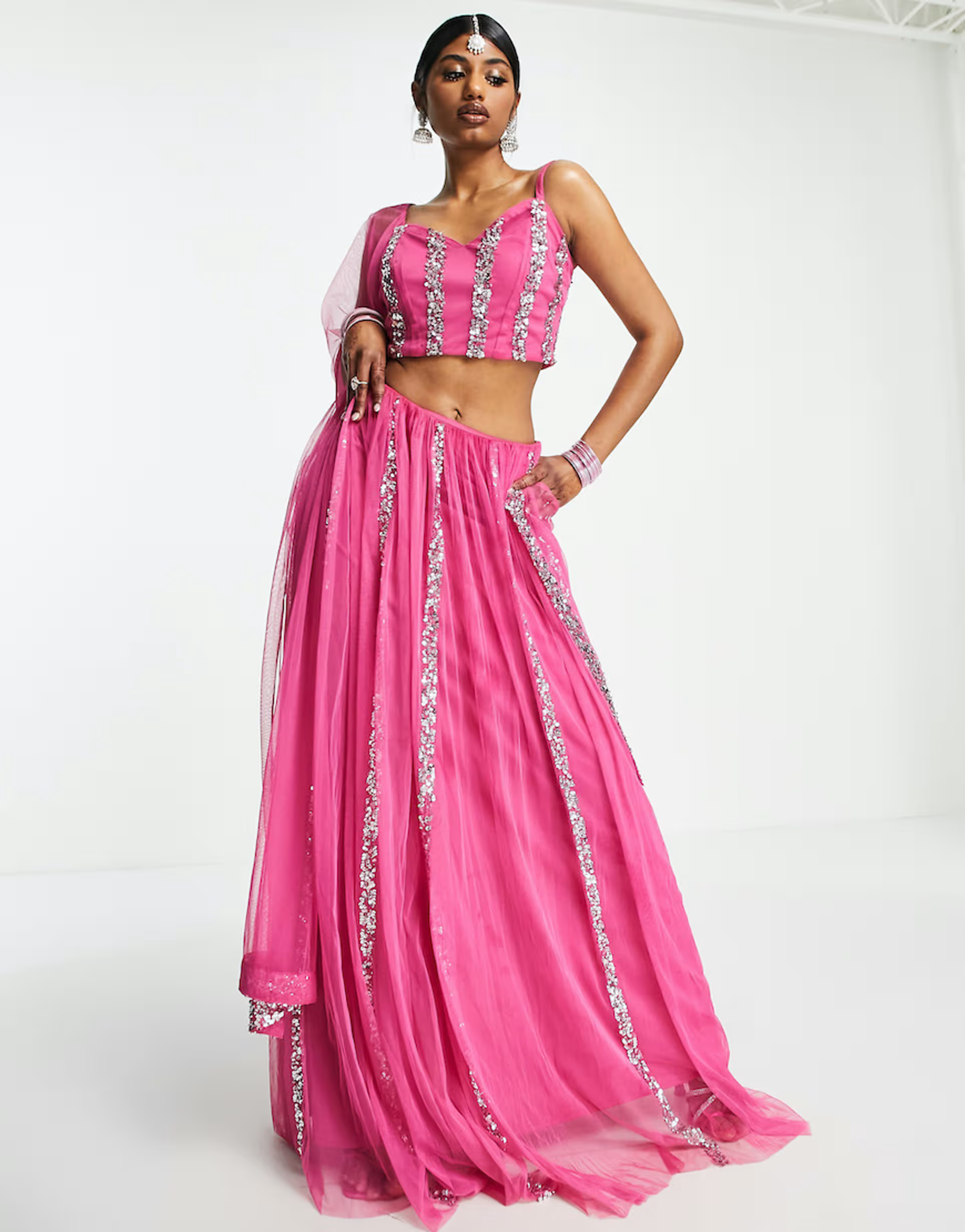 Maya Womens Linear Embellished Lehenga Crop Top In Pink